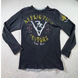 Affliction Men S Black Gray Long Sleeve Reversible Graphic Knit Pullover Top